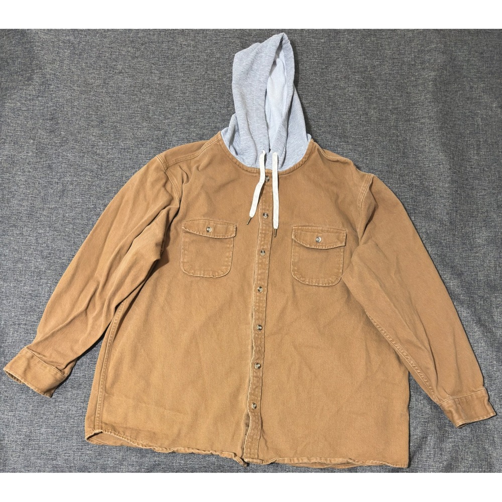 No Boundaries Mens 3XL Hooded Shirt Jacket Brown Canvas Workwear Long Sleeve